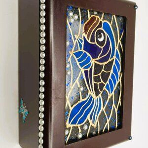 Mixed Media Stained Glass Bird Art Box Vintage Wood NWT